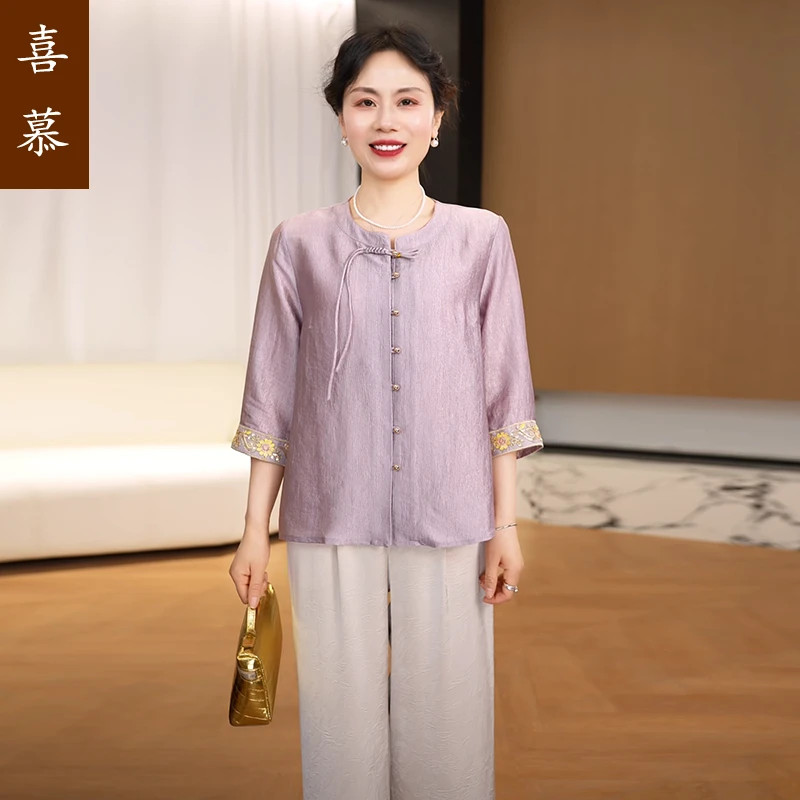 夏装衬衣套装母亲节2025新款洋气中老年女装国风上衣裤子两件套