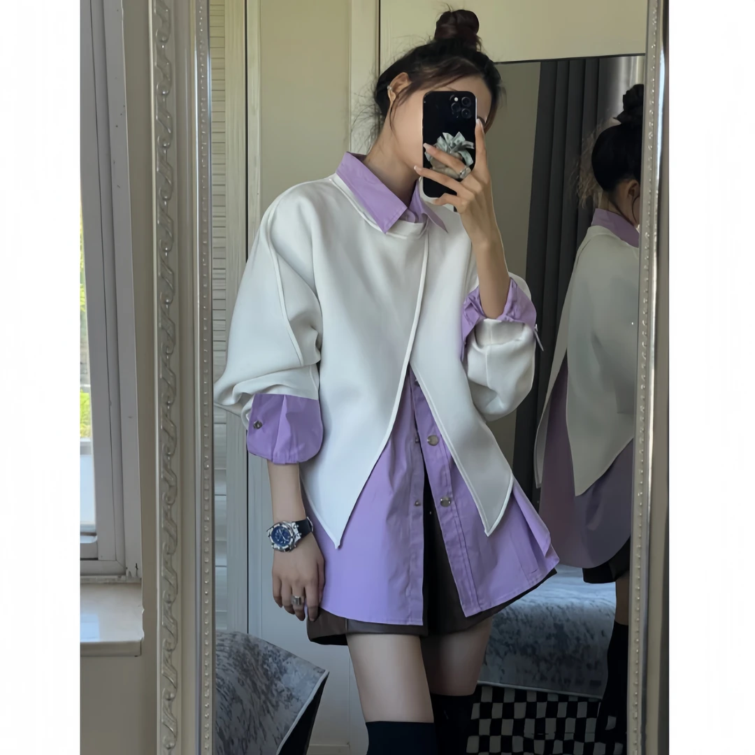 白色卫衣外搭+单排多扣紫色衬衣叠穿设计感时尚休闲两件套春秋季