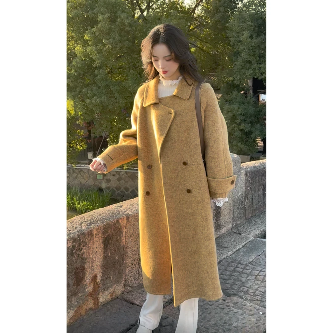 2025新款休闲高级感欧货收腰长款设计感风衣款百搭双面羊毛大衣女