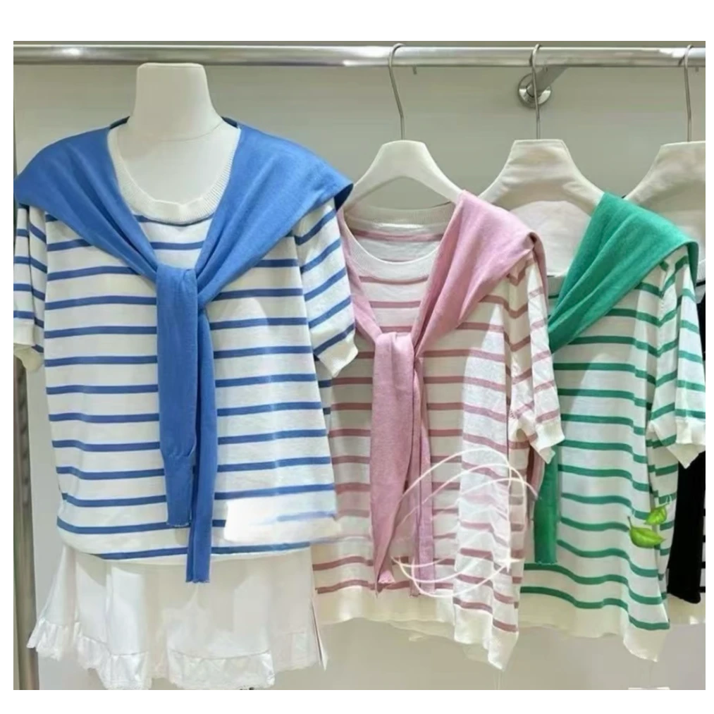 大码胖MM夏季新款韩版针织披肩+短袖上衣两件套遮肚减龄显瘦