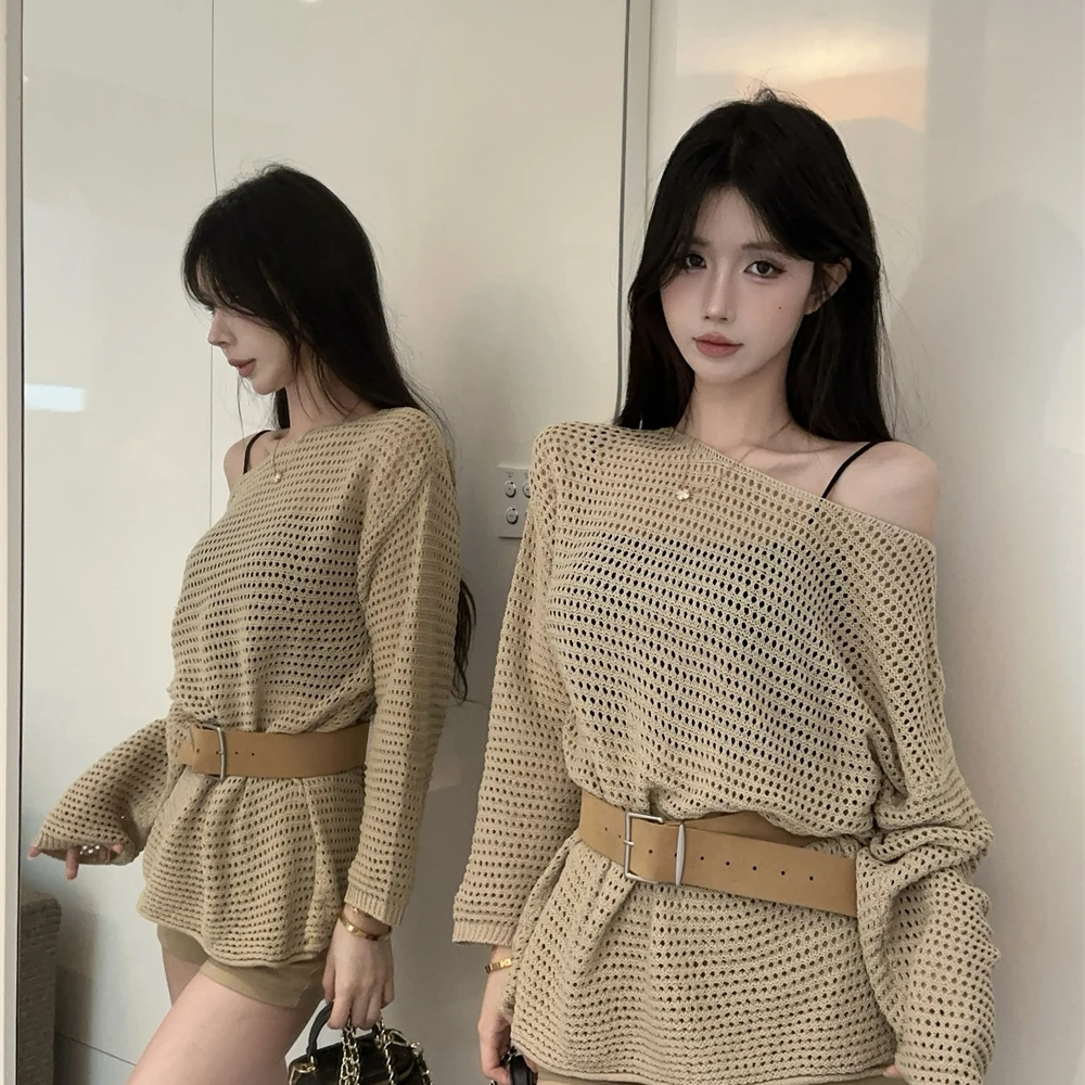 慵懒宽松薄款针织衫女外搭夏季高级感一字肩斜肩上衣镂空防晒罩衫