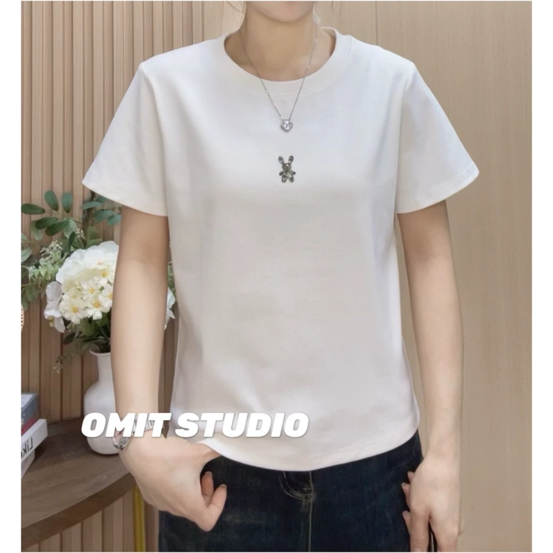 【黑钻兔】新款春季中厚弹力棉烫钻工艺品质短袖