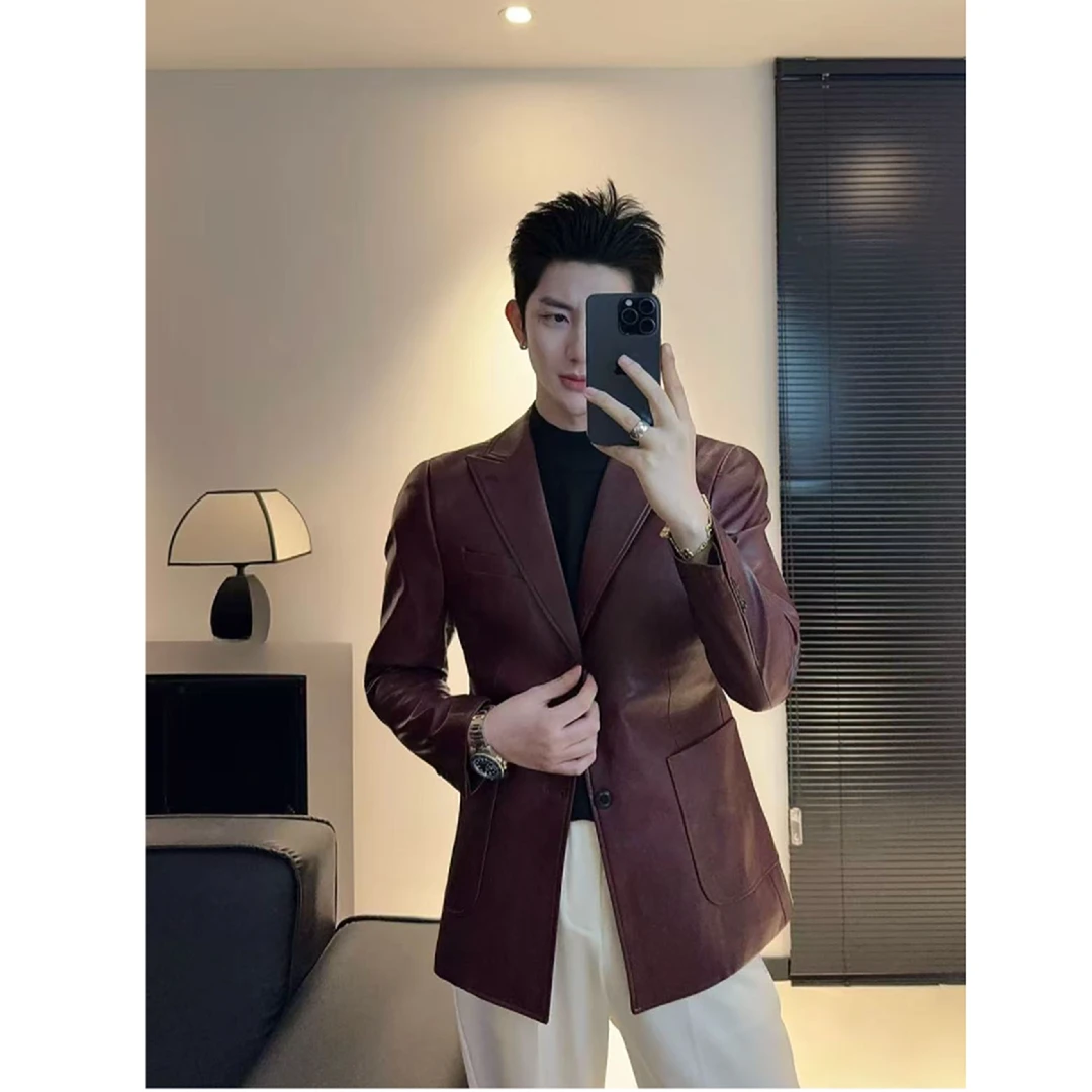 轻奢新品男士戗驳领皮衣西服痞帅时尚潮流纯色秋冬季韩版西装外套