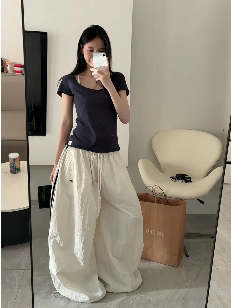 美式复古三条杠白色速干伞兵裤女夏季薄款运动宽松休闲阔腿工装裤