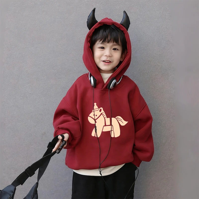 2026新款秋冬加绒儿童拜年衣服马年本命年衣服红色连帽卫衣男女款