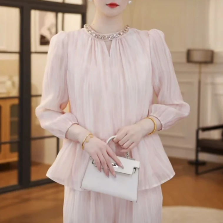 5329双面穿百搭粉色小衫2025年新款气质温柔风领口烫钻荷叶边