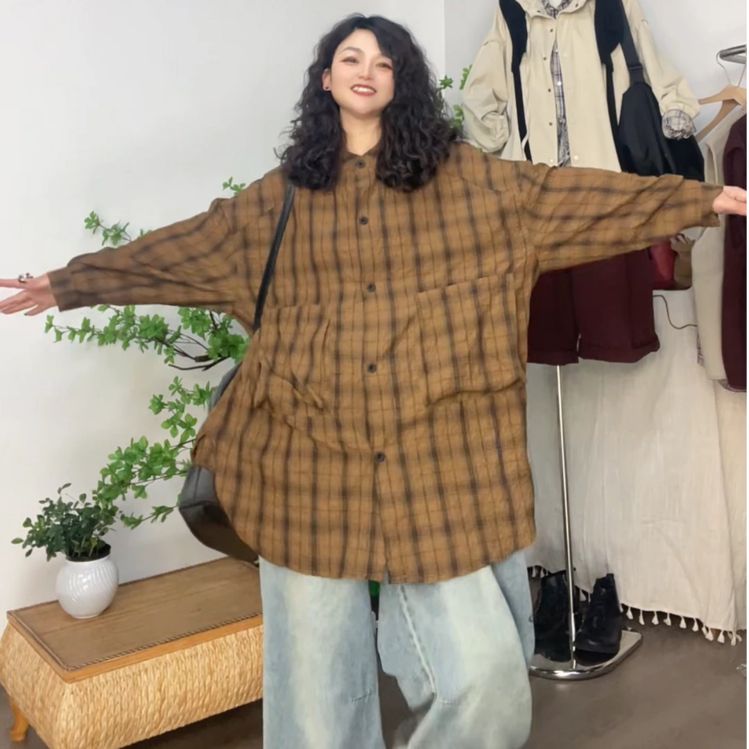 【若汐女装】欧韩版宽松大版休闲百搭设计感慵懒风复古格子衬衫1160
