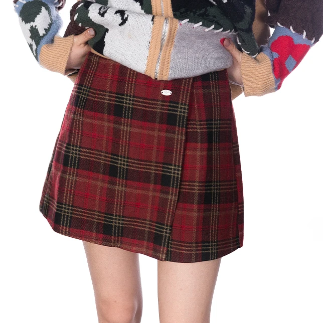 2025秋季显瘦不对称设计感短裙拉链高腰半身裙红格格子时尚A字裙