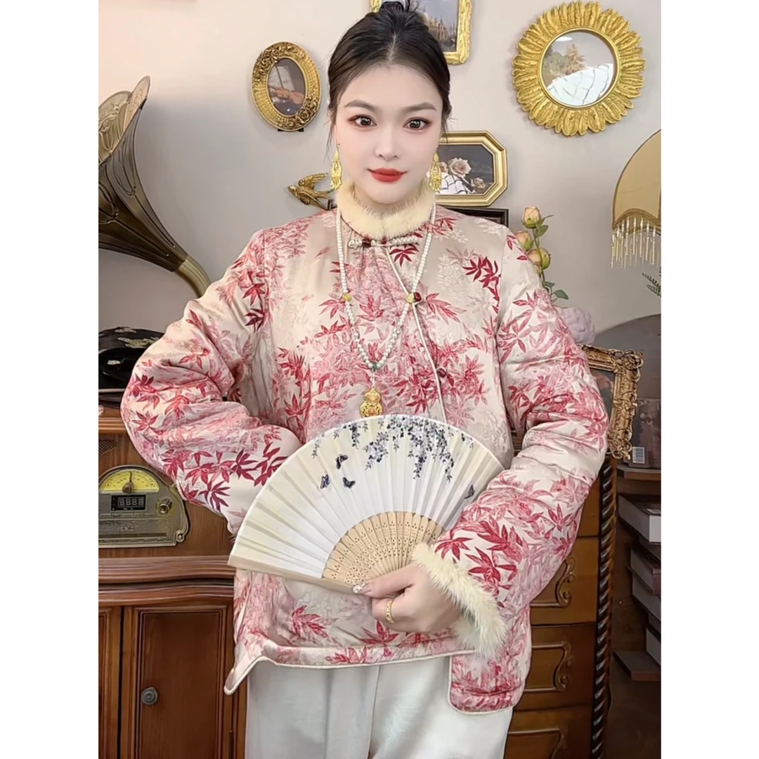 【762】秋冬新中式国风立领斜襟盘扣拼接毛边外套显瘦气质百搭上衣