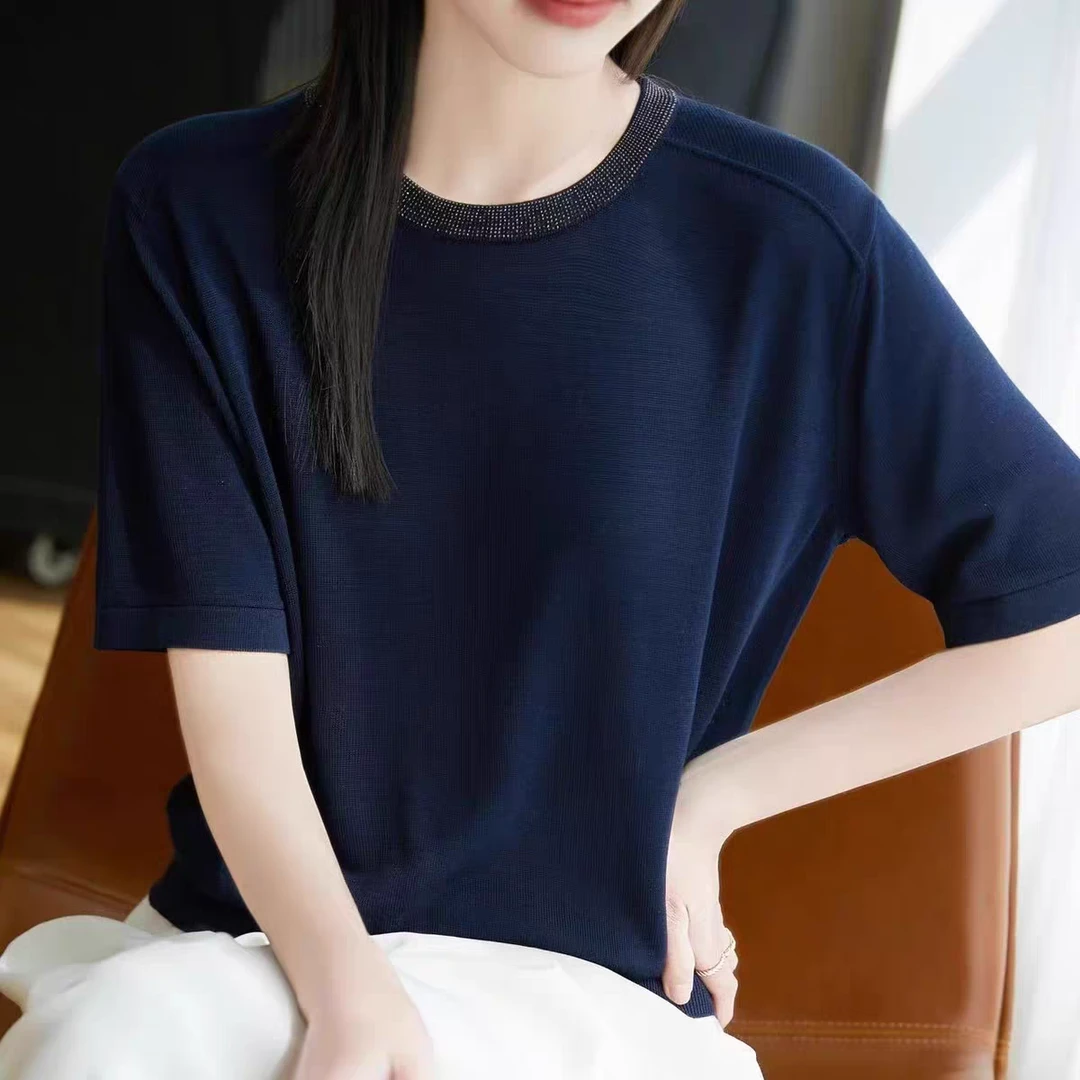 莱赛尔天丝洋气冰爽显瘦针织衫上衣纯色烫钻夏季时尚夏针织衫