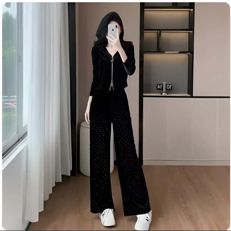 2件套春秋季女拉链款套装烫钻长袖休闲套装女514