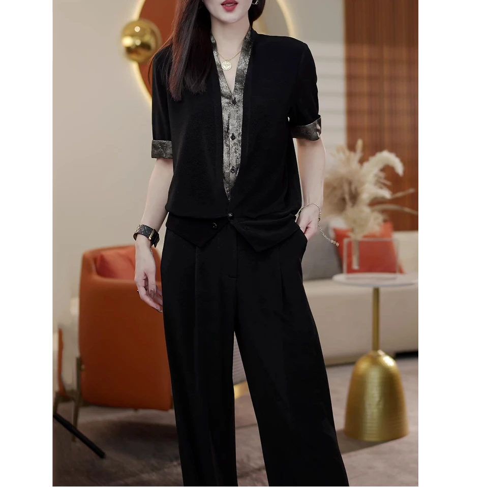 高级感轻奢时尚套装女2025夏季新款高档洋气减龄显瘦衬衫+长裤