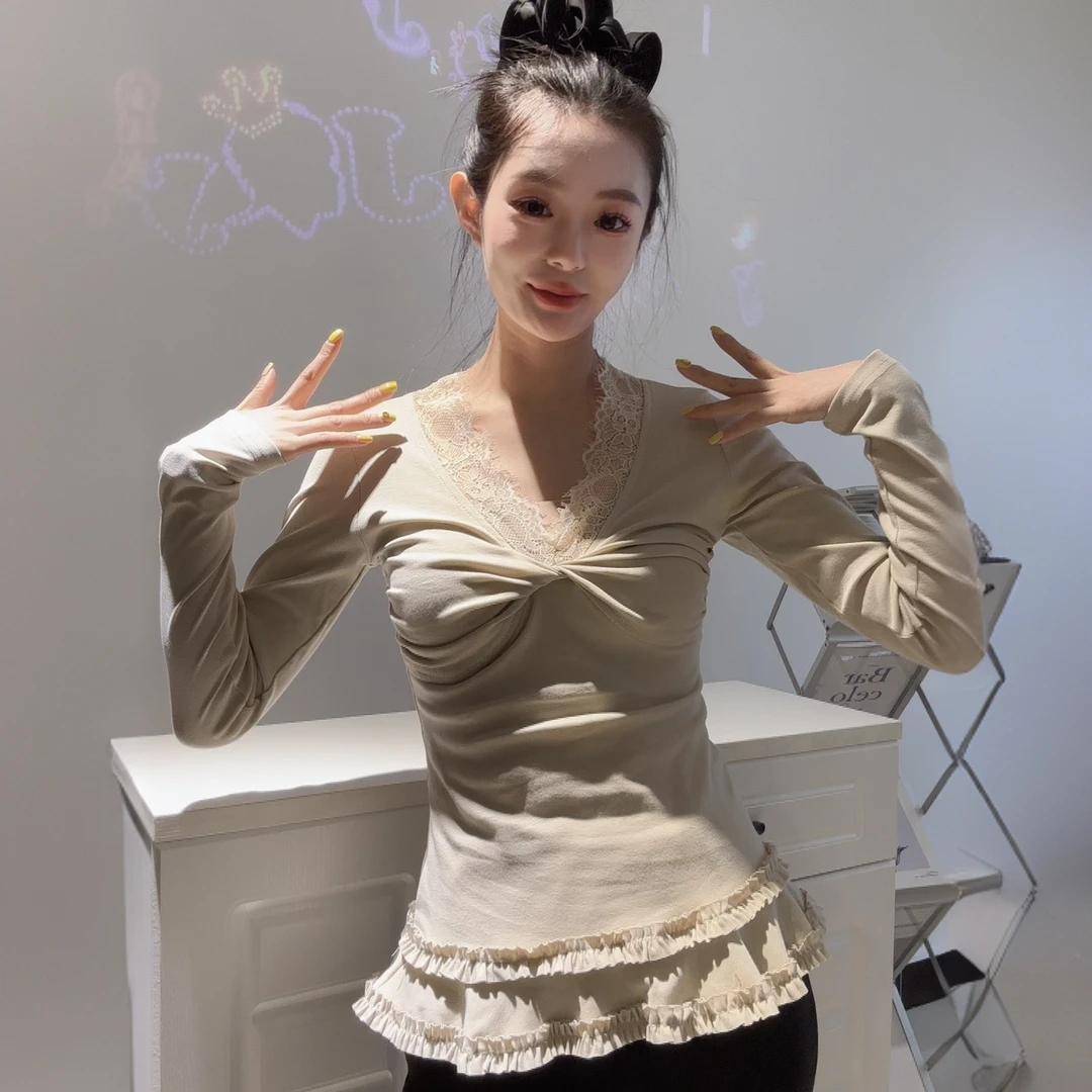 5638韩版蕾丝拼接木耳边收腰百搭显瘦上衣