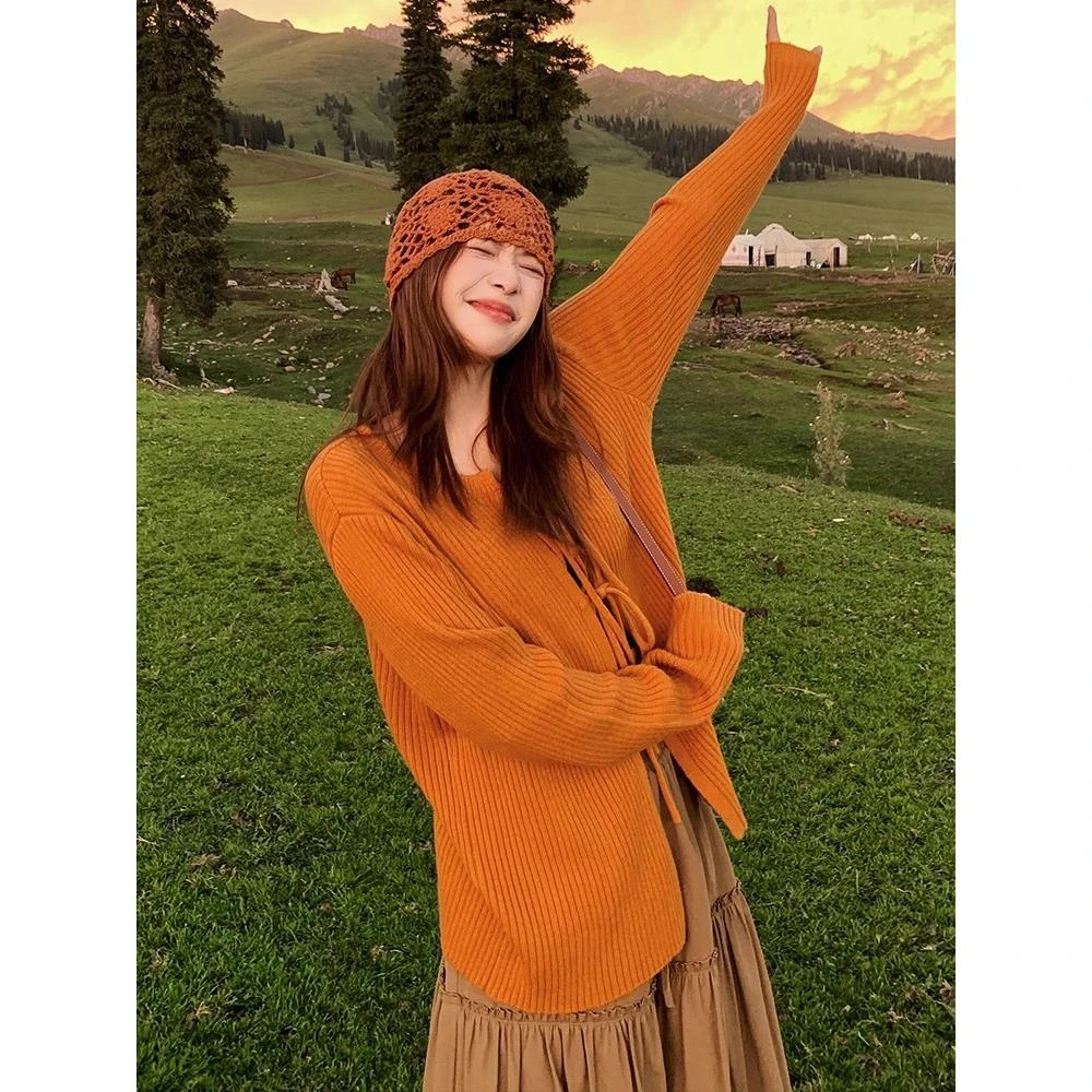 韩系橘色系带针织开衫外套女早秋慵懒风配吊带巨好看外搭长袖上衣