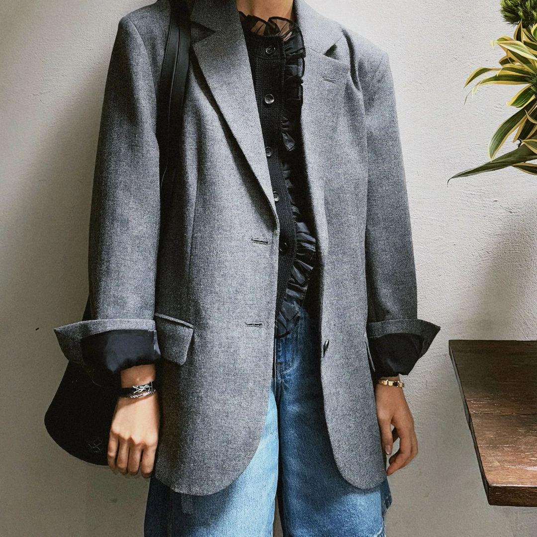 DE Mincollection灰西装/秋正肩显瘦杂灰通勤休闲风西装外套40676