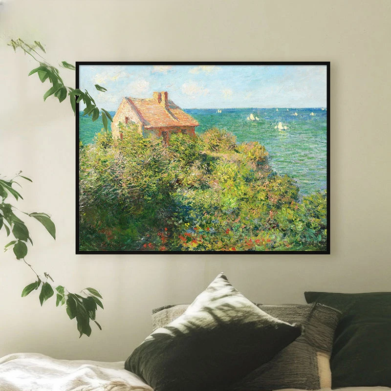 莫奈 瓦朗日维尔悬崖上的渔夫小屋世界名画简约现代装饰画客厅