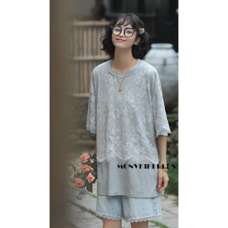 MoNvKiKiPlus2“透明“大码微胖设计感蕾丝拼接休闲假两件T恤#1279
