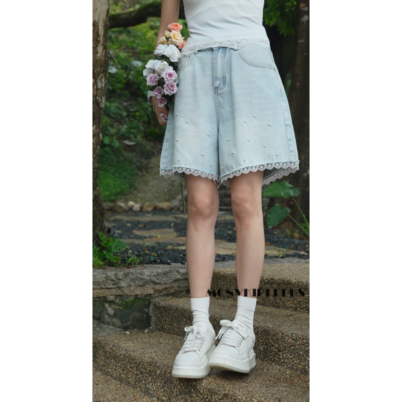 MoNvKiKiPlus2“日不落2“大码微胖蕾丝钉珠牢固软牛仔四分短裤#B31