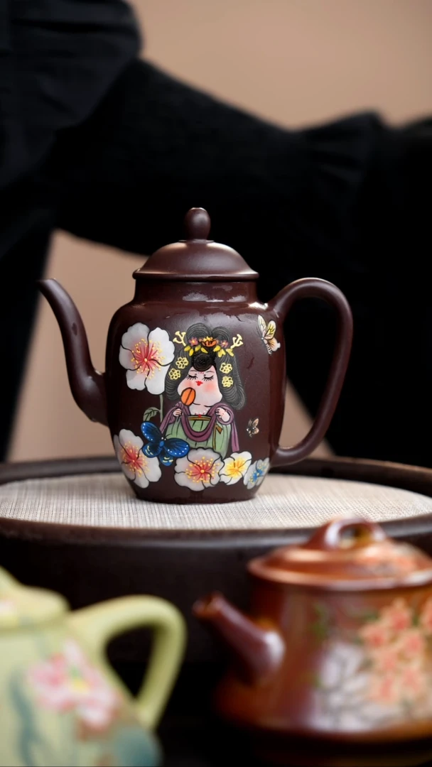 茶壶紫砂一**风紫泥宫灯泥绘唐美人