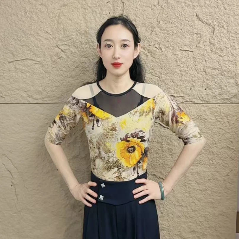 欢舞阁吉特巴摩登舞时尚女士圆领修身气质交际广场舞上衣A0726