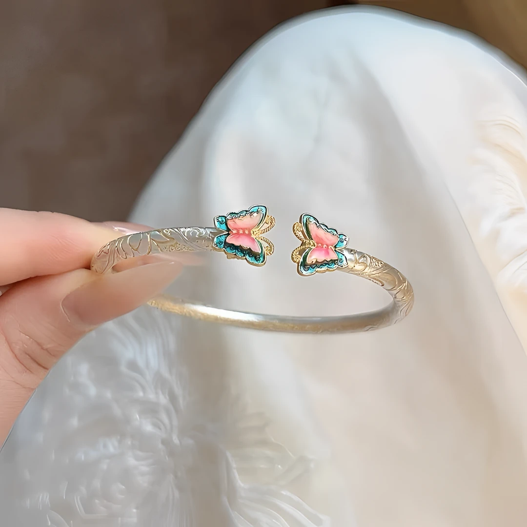 足银手镯 蝴蝶描金珐琅彩足银开口镯国潮新中式实心经典