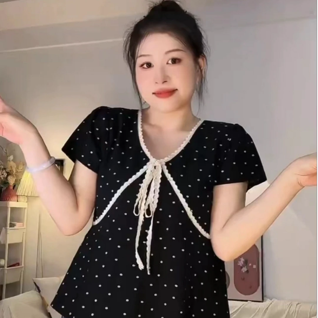 正肩版-微胖女装设计感蕾丝边V领系带短袖韩版宽松显瘦T恤上衣女