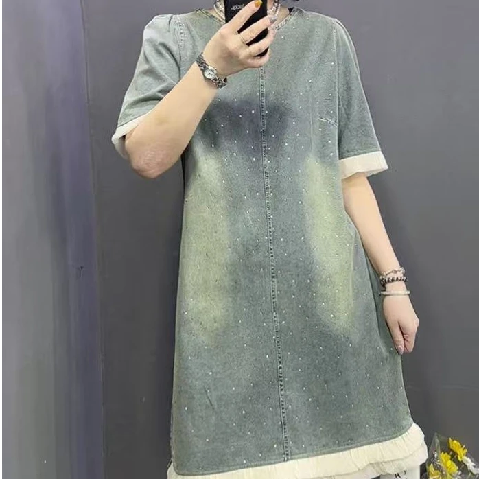 D25067时尚休闲百搭新款烫钻拼接花边牛仔裙气质遮肉显瘦连衣裙