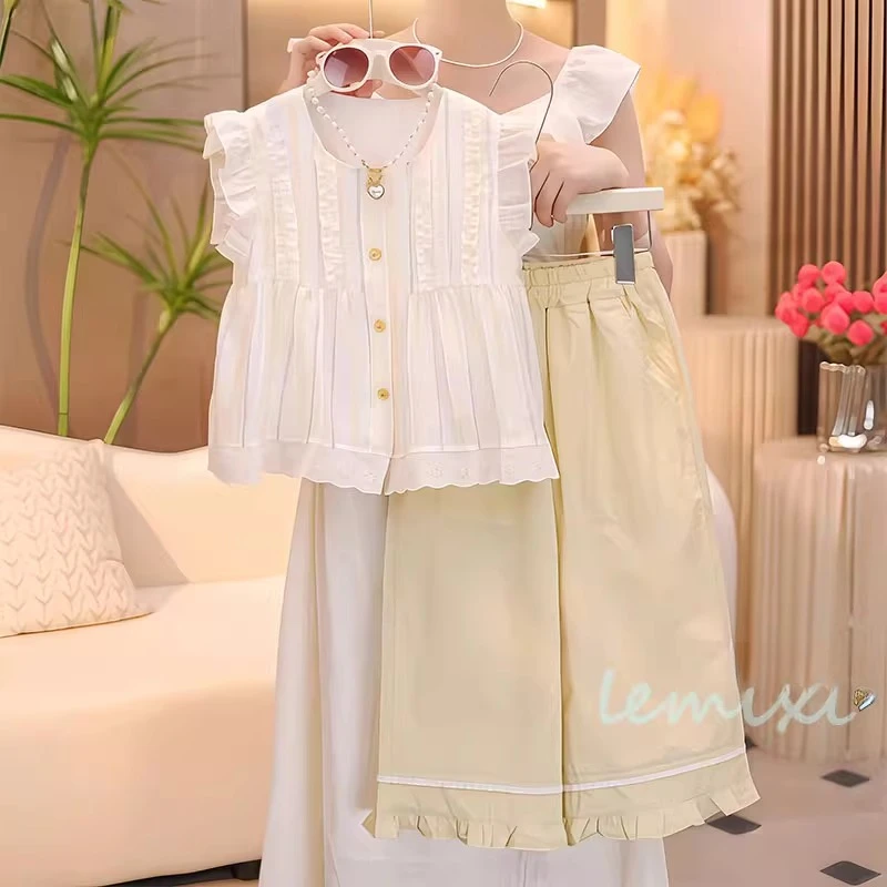 女童条纹飞袖娃娃衫阔腿裤套装2025夏款无袖上衣裙裤花边防蚊裤子