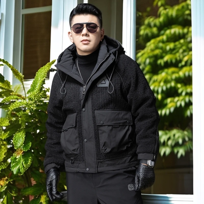 娜罗普西冬季羊羔绒外套男士潮流美式休闲工装保暖连帽羽绒服男款