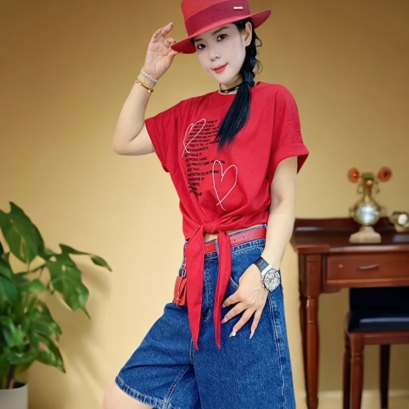 欧货高级t恤牛仔五分裤休闲衣服女慵懒风