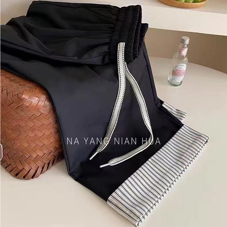 “夏日小清新”韩系卷边拼接条纹阔腿裤！