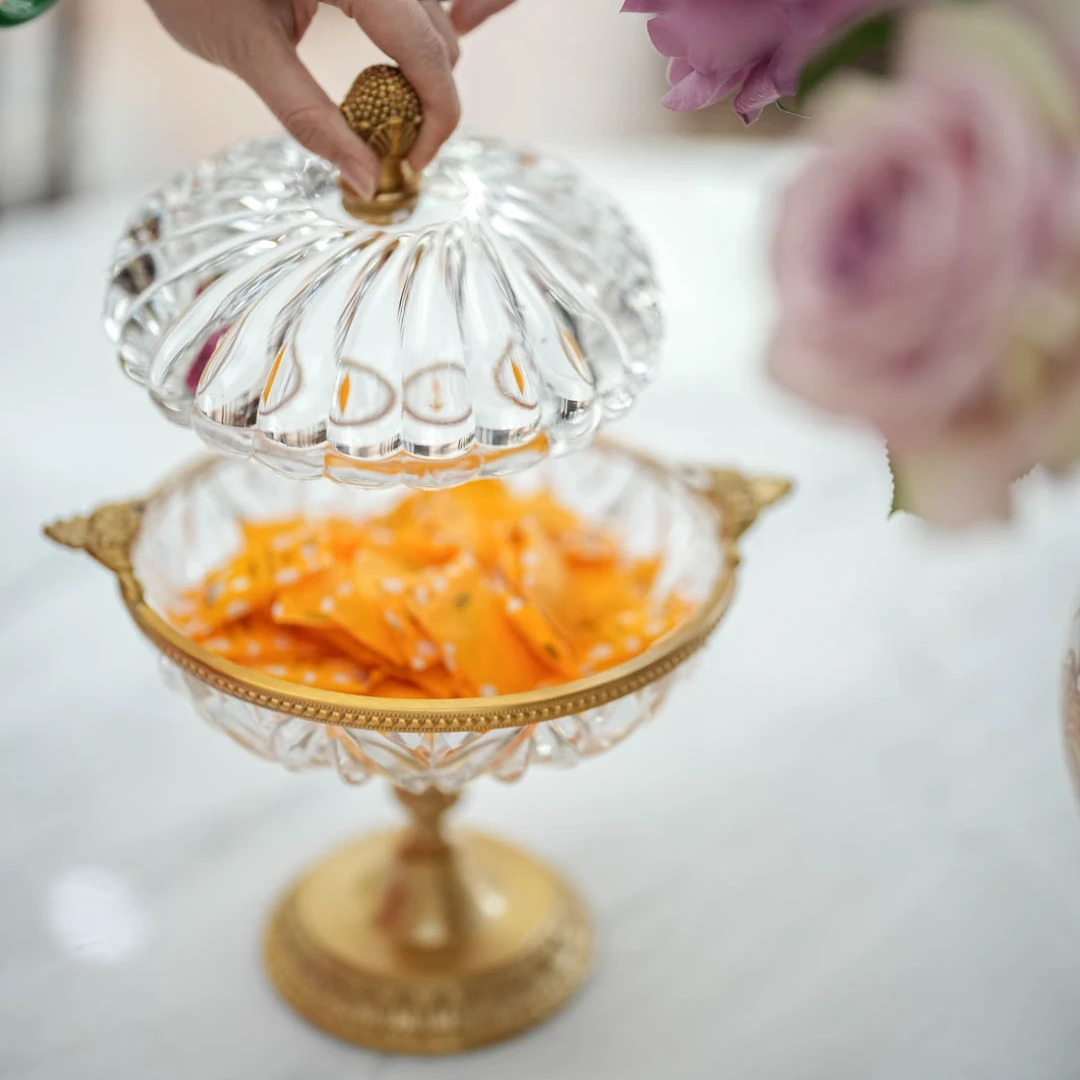 【奇居铜饰】轻奢黄铜玻璃带盖高脚果盘摆件#GY