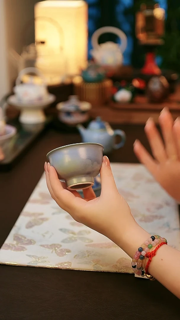 陶瓷茶具蓝色窑变高足杯