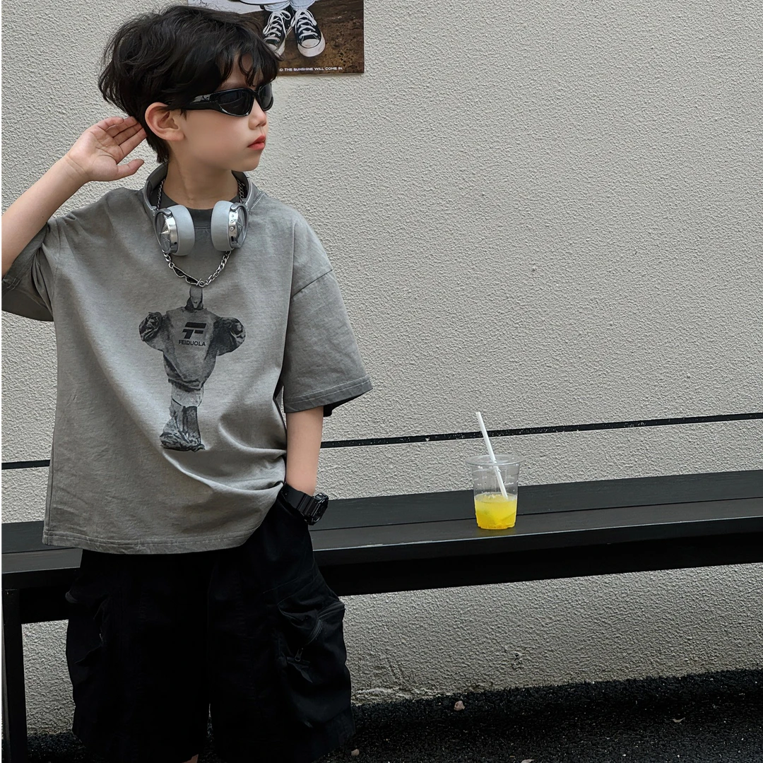 男童T恤2025夏季新款儿童百搭宽松休闲美式字母卡通印花短袖上衣