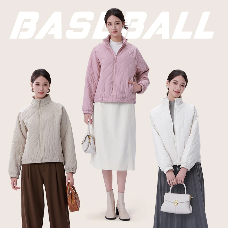 2025秋冬女款轻薄立领休闲棉羊毛服夹克外套美式菱形格子棒球服