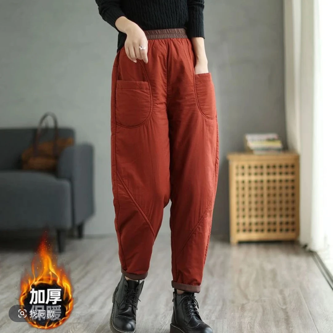 25-2冬女复古撞色夹棉哈伦裤通勤简约加厚妈妈休闲爆款外穿棉裤