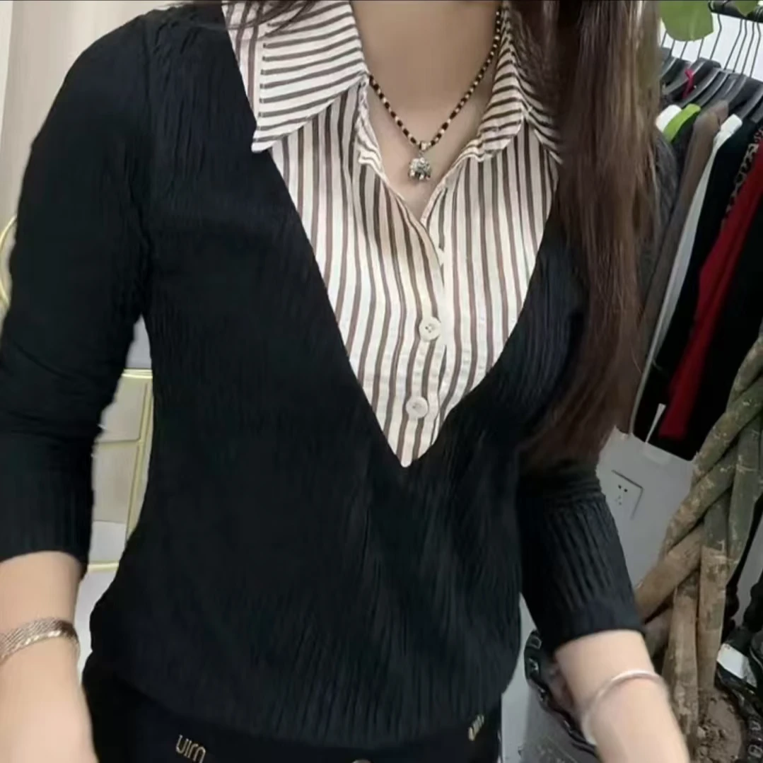 春秋网红时尚洋气拼接假两件条纹T恤百搭气质可外穿的上衣（百