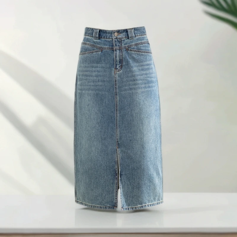 时尚半身裙女开叉牛仔裙2025年夏季新款中长款高腰A字显瘦裙子