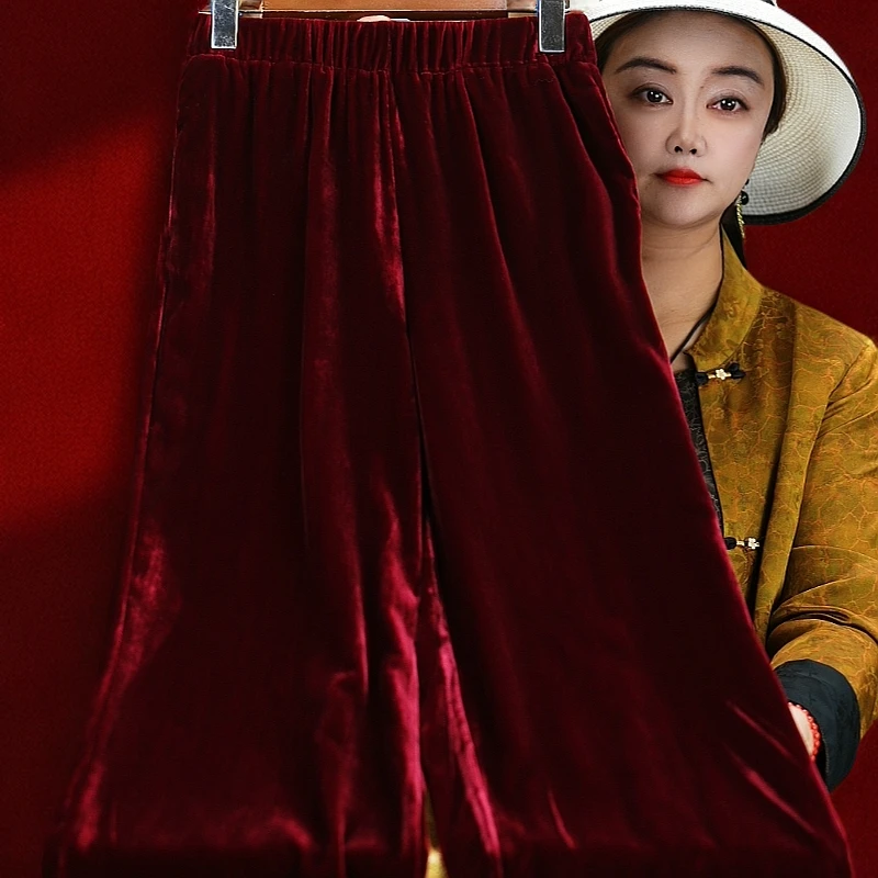 <<非遗美学>>高腰松紧显瘦桑蚕丝真丝丝绒气质女装裤子1357