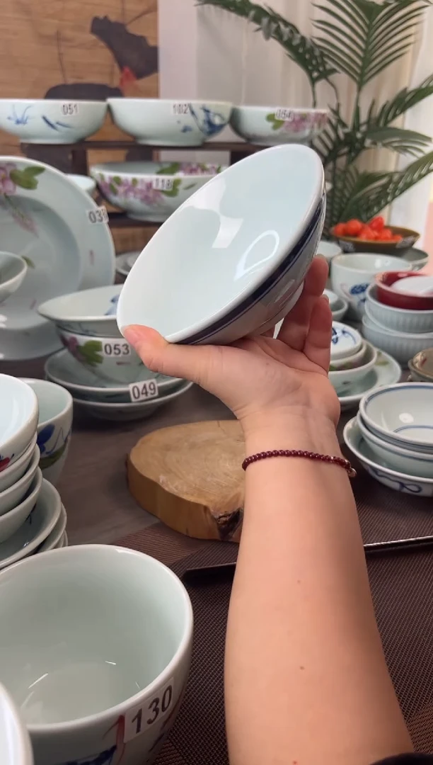 手绘中暇福利蓝边6.3寸高足碗（单只装）