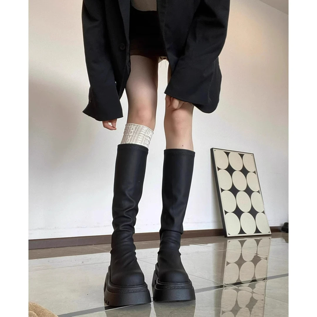 厚底高筒靴25新款韩版秋冬瘦瘦长筒靴小个子粗跟不过膝堆堆长靴女