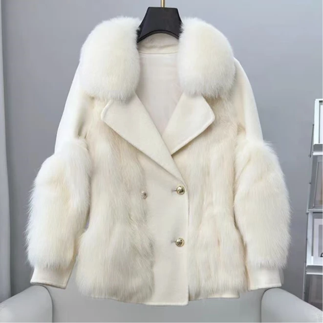 狐狸毛领拼接加厚羊绒大衣大气百搭2024年冬季新款保暖女皮外套