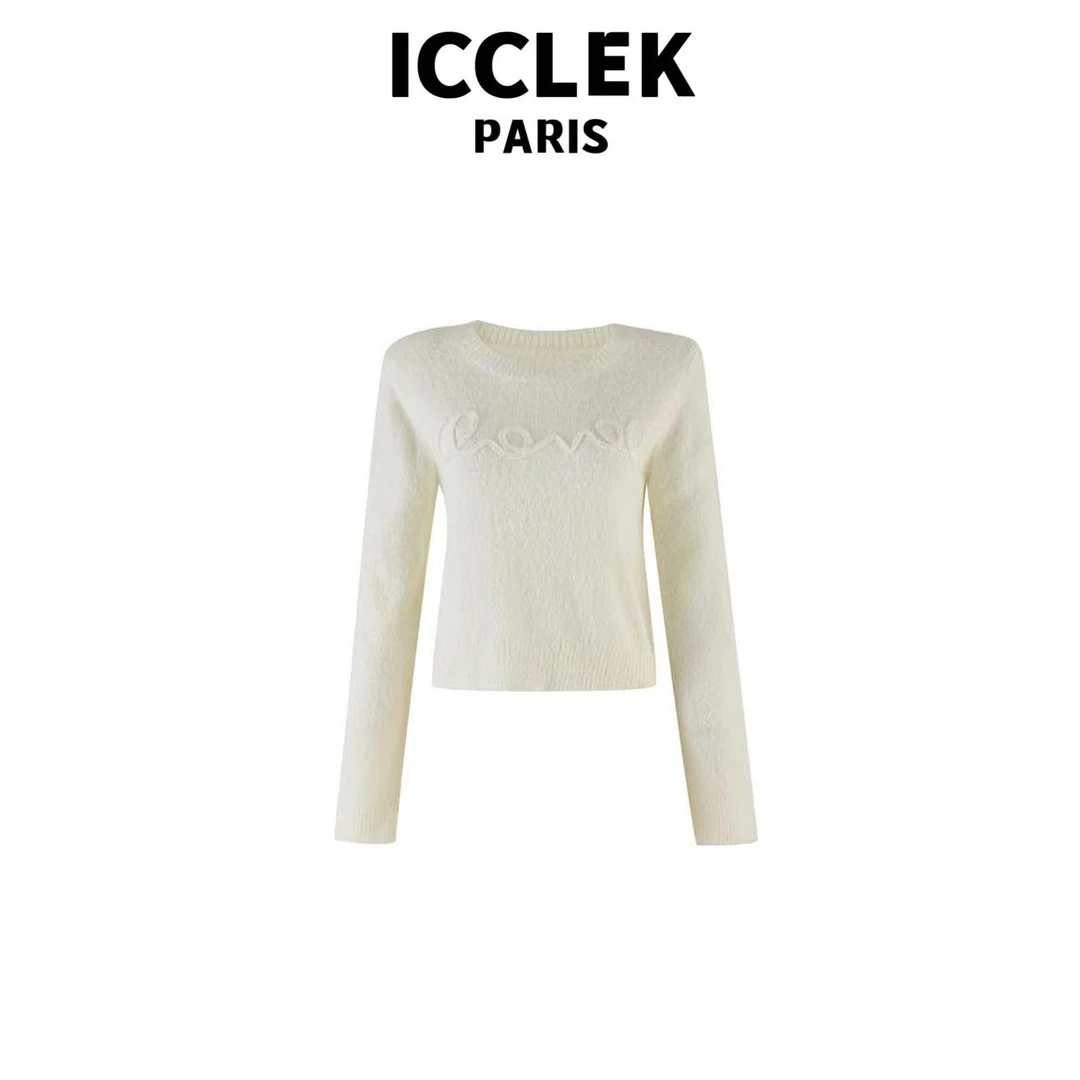 ICCLEK  白色圆领连笔字长袖针织衫气质轻奢名媛显瘦 通 勤 -2855