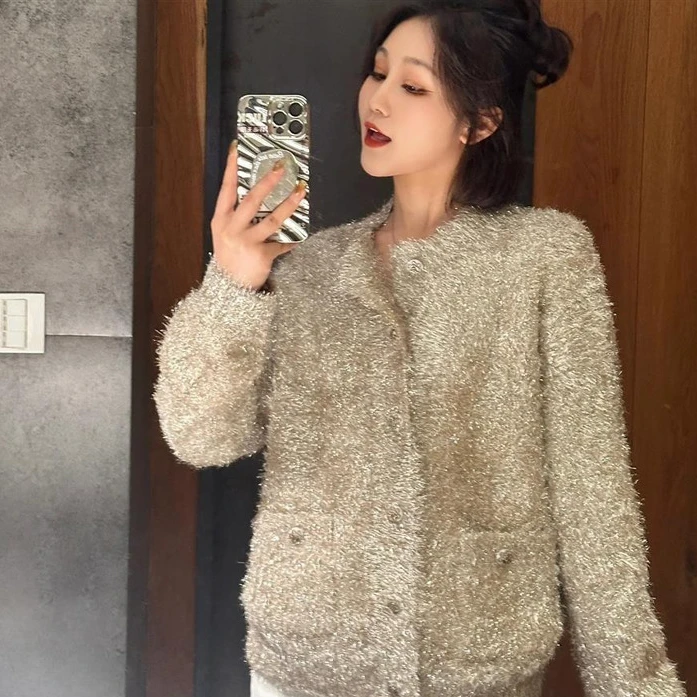 职业阿玛诗官2025秋冬季新款时尚气质圆领气质针织开衫毛衣外套女