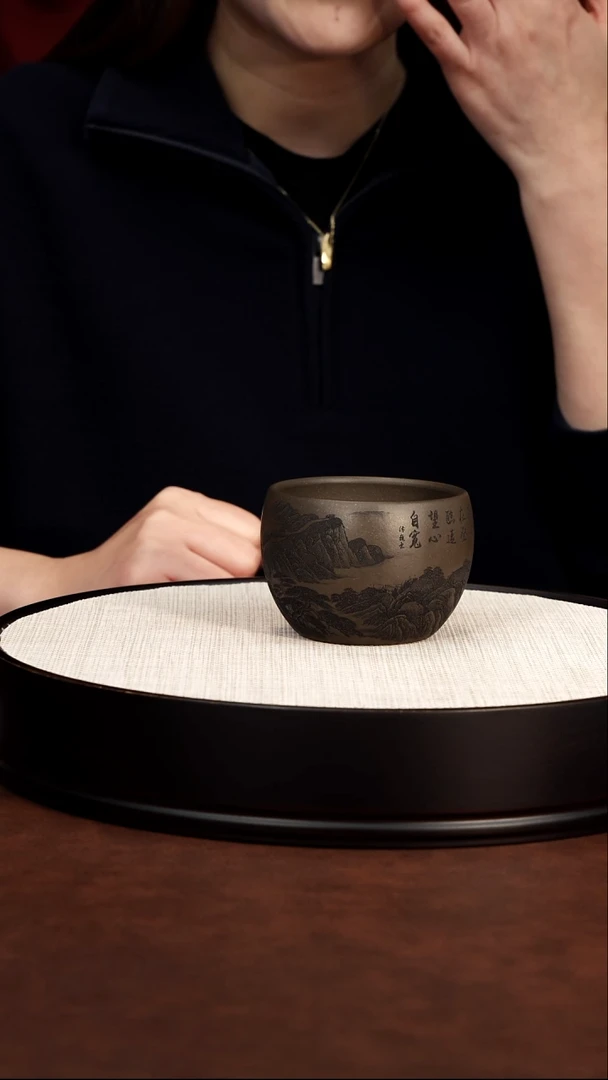 茶杯紫砂宜兴紫砂 山水缸杯 蟹壳青