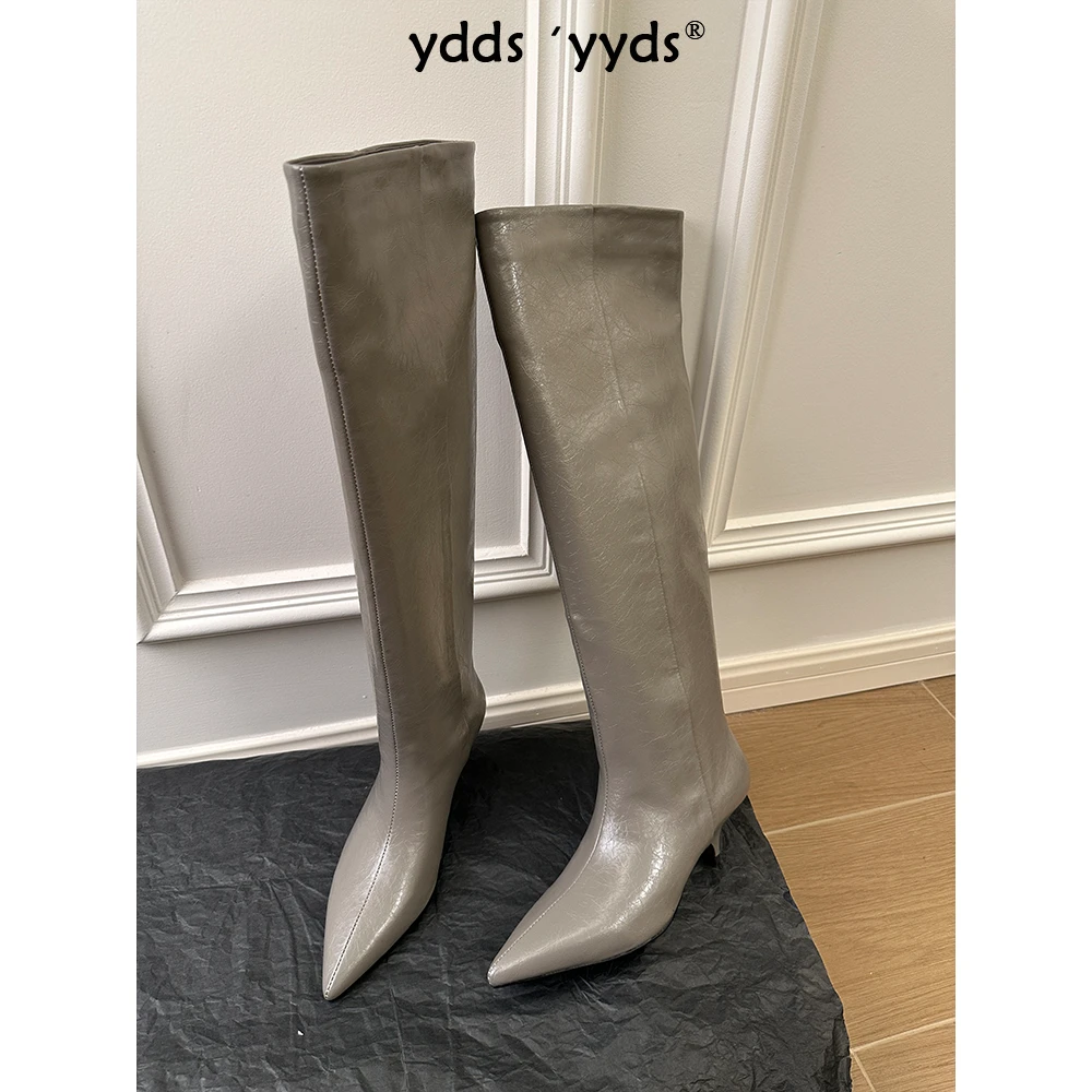 YDD/24新款小众气质简约百搭高筒尖头平口细跟低跟过膝长靴/276