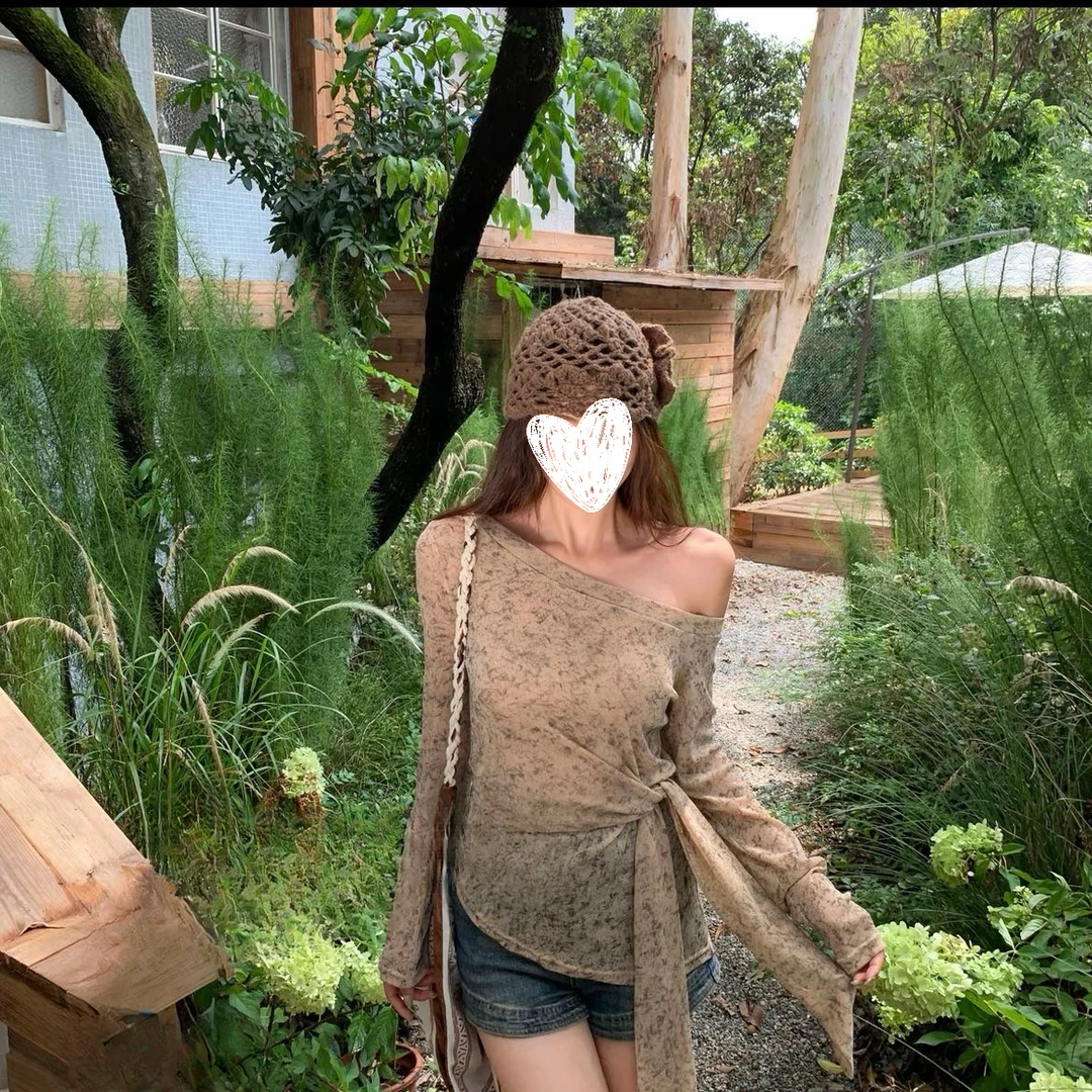 秋上新气质小女人扎染绑带收腰小衫