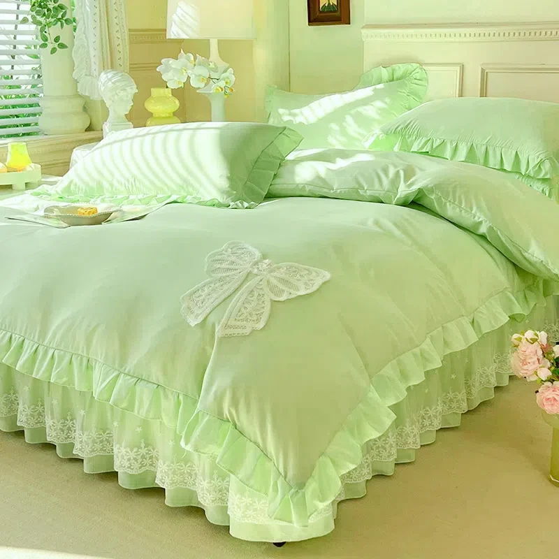 蕾丝边床上四件套纯色小清新韩式少女心亲肤棉三件套公主风大被罩