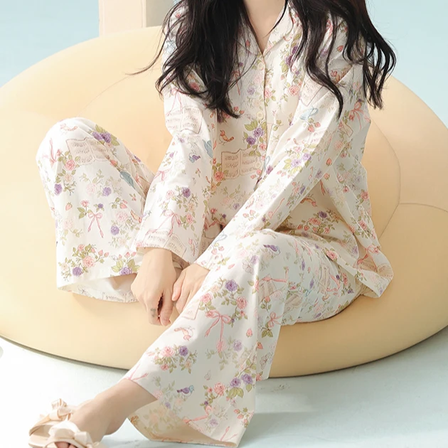 纯棉带胸垫月子服春夏季产前产后孕妇哺乳家居服透气吸汗