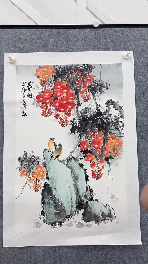 国画李文峰四尺三开花鸟